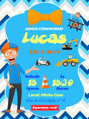 Convite de Aniversário Blippi e Veículos para Editar Online