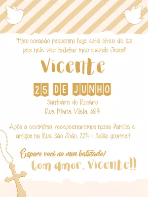 Convite de Batizado Dourado com Pombinhas para Editar Online