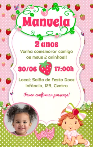 Convite Aniversário Moranguinho Baby com Foto para Editar Online