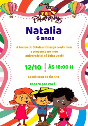 Convite 3 Palavrinhas Aniversário Infantil para Editar Online