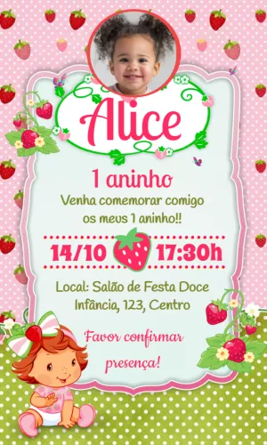 Convite Aniversário Moranguinho Baby com Foto para Editar