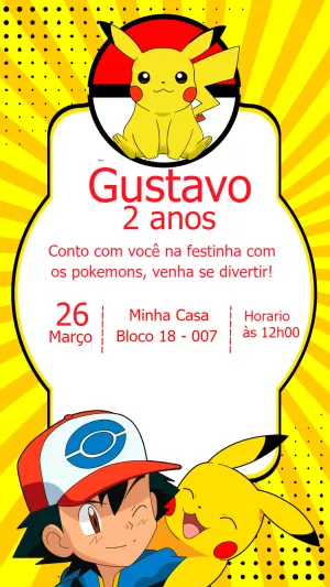Convite Aniversário Pokémon com Pikachu para Editar Online