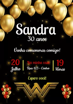 Convite Aniversário Mulher Maravilha Adulto para Editar Online