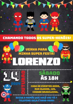 Convite Aniversário Super-Heróis com Personagens para Editar Online