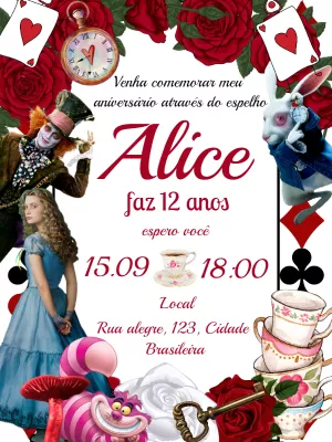 Convite Aniversário Alice no País das Maravilhas para Editar