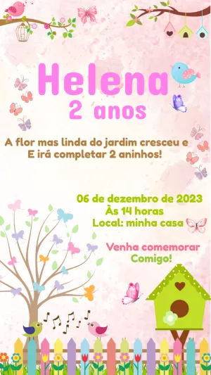 Convite Aniversário Jardim Encantado de Pássaros para Editar