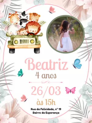 Convite Aniversário Safari Menina com Foto para Editar Online