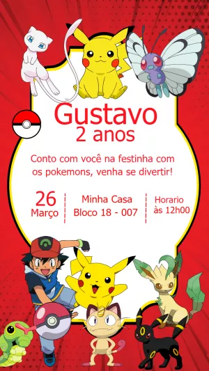Convite de Aniversário Pokémon com Personagens para Editar Online