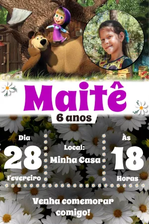 Convite Aniversário Masha e o Urso com Foto para Editar Online