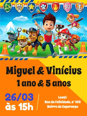Convite Aniversário Duplo Patrulha Canina para Editar Online