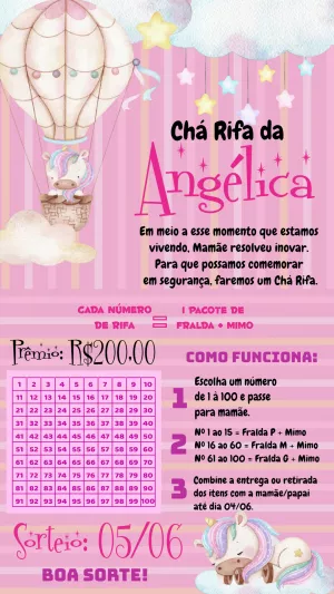 Convite Chá Rifa de Unicórnio no Balão para Editar Online