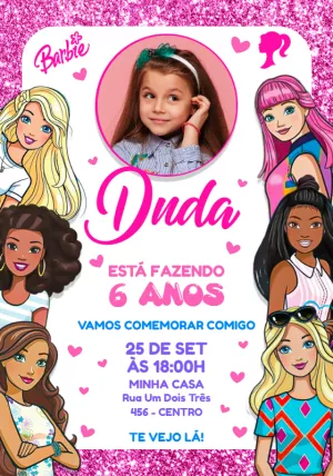Convite Aniversário Barbie com Foto para Editar Online