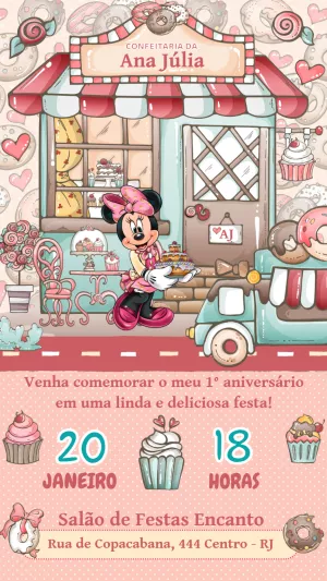 Convite Aniversário Minnie Confeitaria para Editar Online
