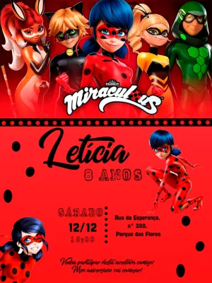 Convite de Aniversário Miraculous Ladybug com a Turma para Editar