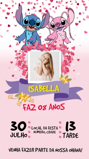 Convite Aniversário Stitch e Angel com Foto para Editar Online
