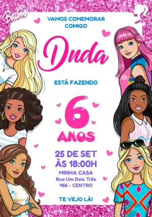 Convite de Aniversário Barbie com Glitter para Editar Online
