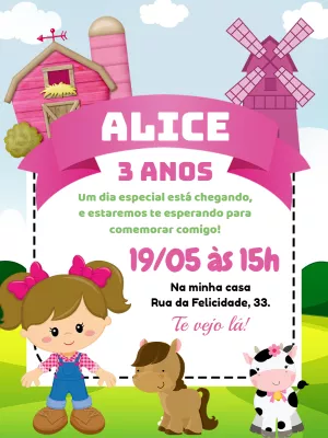 Convite Aniversário Fazendinha Rosa com Menina para Editar Online