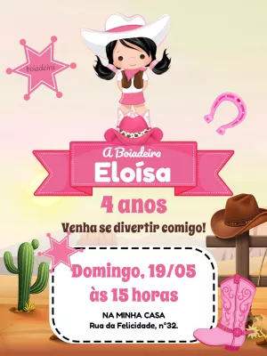 Convite de Aniversário Boiadeira Rosa para Editar Online
