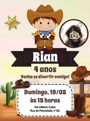 Convite de Aniversário Cowboy com Foto para Editar Online