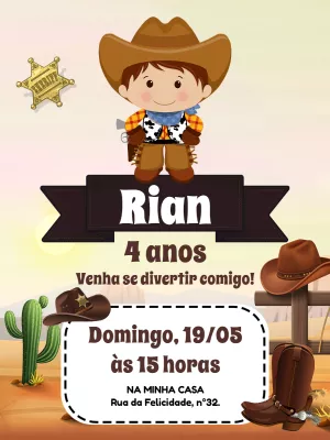 Convite de Aniversário Cowboy Infantil para Editar Online