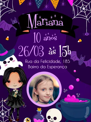 Convite Aniversário Wandinha Addams com Foto para Editar Online