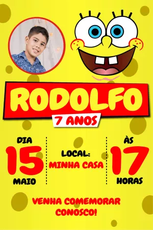 Convite Aniversário Bob Esponja com Foto para Editar Online