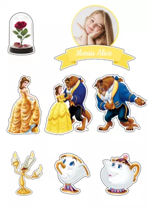Topo de Bolo A Bela e a Fera com Personagens para Editar