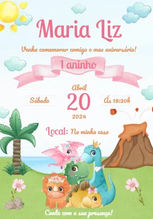 Convite Aniversário Dinossauro Baby Menina para Editar Online