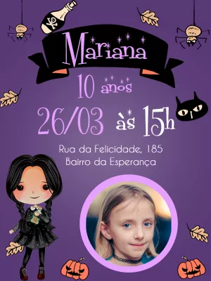 Convite Aniversário Wandinha Addams com Foto para Editar Online