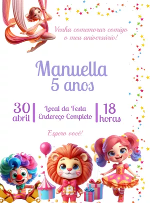 Convite de Aniversário Circo com Personagens para Editar Online
