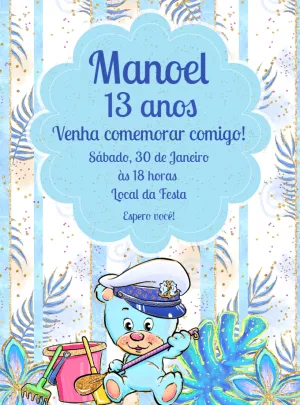 Convite Aniversário Ursinho Marinheiro para Editar Online