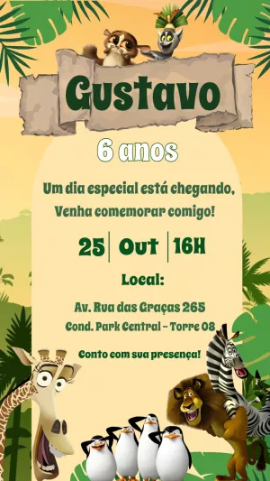Convite Aniversário Madagascar com a Turma para Editar Online
