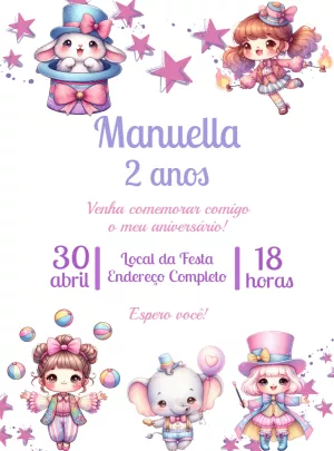 Convite Aniversário Circo Kawaii com Animais Fofos para Editar