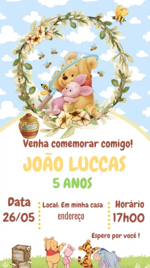 Convite de Aniversário Ursinho Pooh para Editar Online