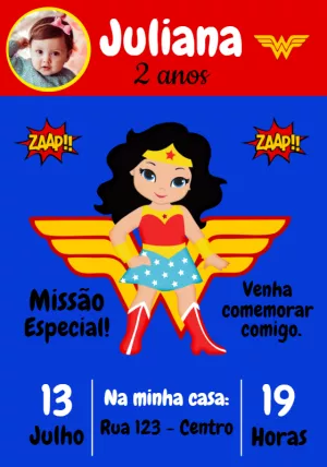 Convite Aniversário Mulher Maravilha com Foto para Editar Online