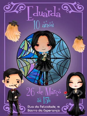 Convite Aniversário Wandinha Addams para Editar Online