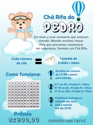 Convite Chá Rifa Ursinho Baloeiro para Editar Online