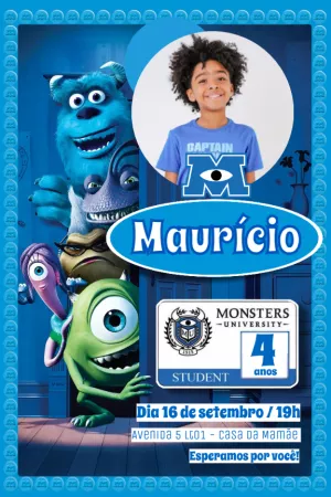 Convite Aniversário Universidade Monstros com Foto para Editar