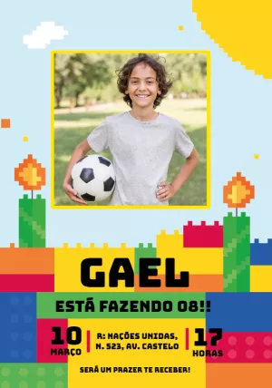Convite Aniversário Blocos de Montar com Foto para Editar