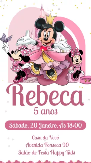 Convite Aniversário Minnie Realeza Rosa para Editar Online