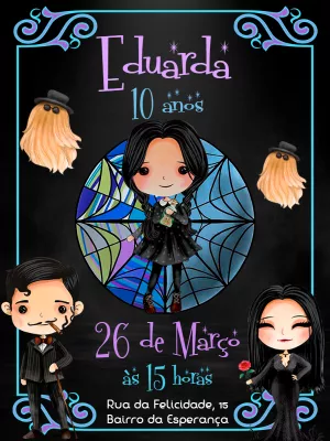 Convite de Aniversário Wandinha Addams com Personagens para Editar