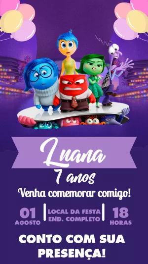 Convite Divertida Mente Editável Online para Aniversário Infantil