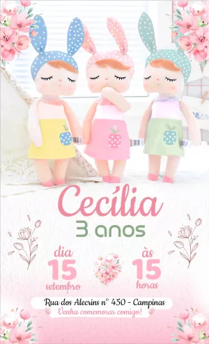 Convite de Aniversário Boneca Metoo para Editar Online