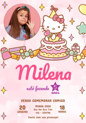 Convite Aniversário Hello Kitty com Foto para Editar Online