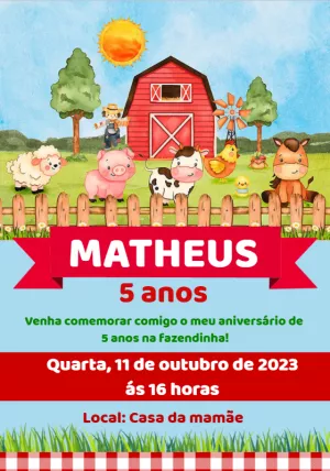 Convite de Aniversário Fazendinha com Animais para Editar Online