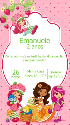 Convite de Aniversário Moranguinho no Balanço para Editar