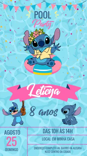 Convite Aniversário Stitch Pool Party para Editar Online