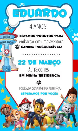 Convite de Aniversário Patrulha Canina para Editar Online