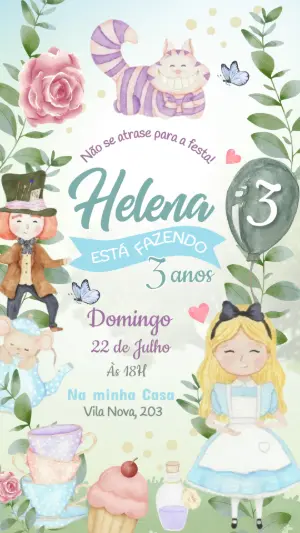 Convite de Aniversário Alice no País das Maravilhas Aquarela Editável