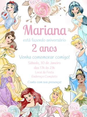 Convite Aniversário Princesas Disney Aquarela para Editar